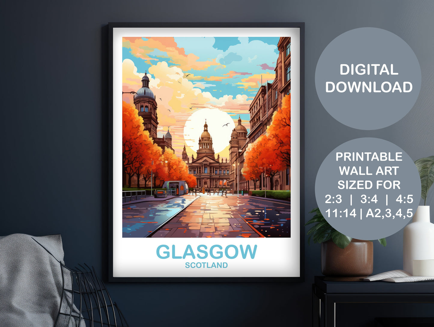 Glasgow Travel Poster Art, Digital Glasgow Travel Art, Scotland Wall Art, Printable Glasgow Scotland Travel, Travel Wall Art | DT2EU_SCGL2