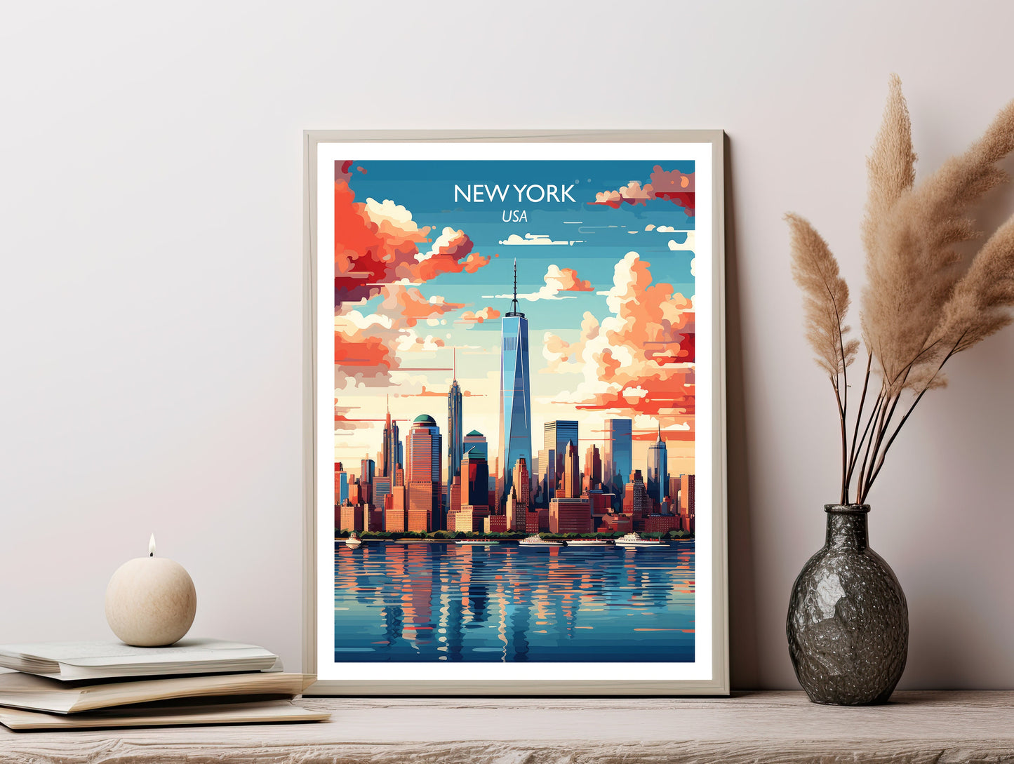 New York Travel Print, Manhattan Skyline, New York Wall Art, Big Apple Poster, City Skyline Sunset Wall New York Skyline | T1NA_NYNY1