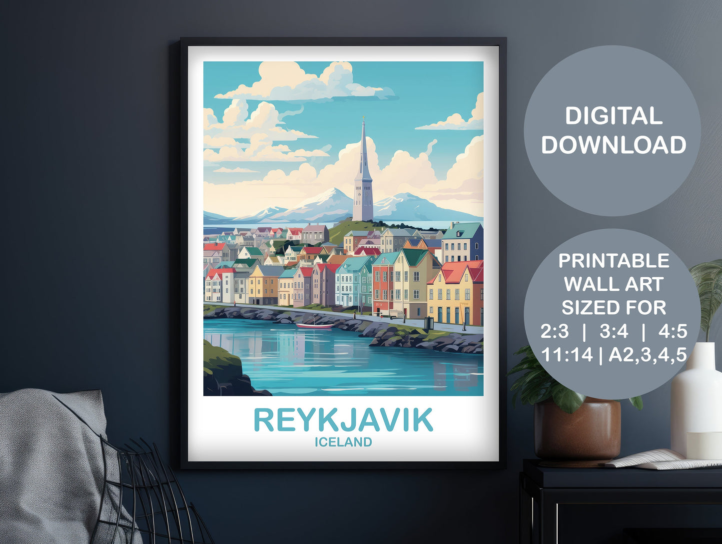 Reykjavik Iceland Travel Art, Reykjavik Wall Art, Iceland Wall Art, Reykjavik Travel Wall Art, Printable Travel Wall Art | DT2EU_ICRE1