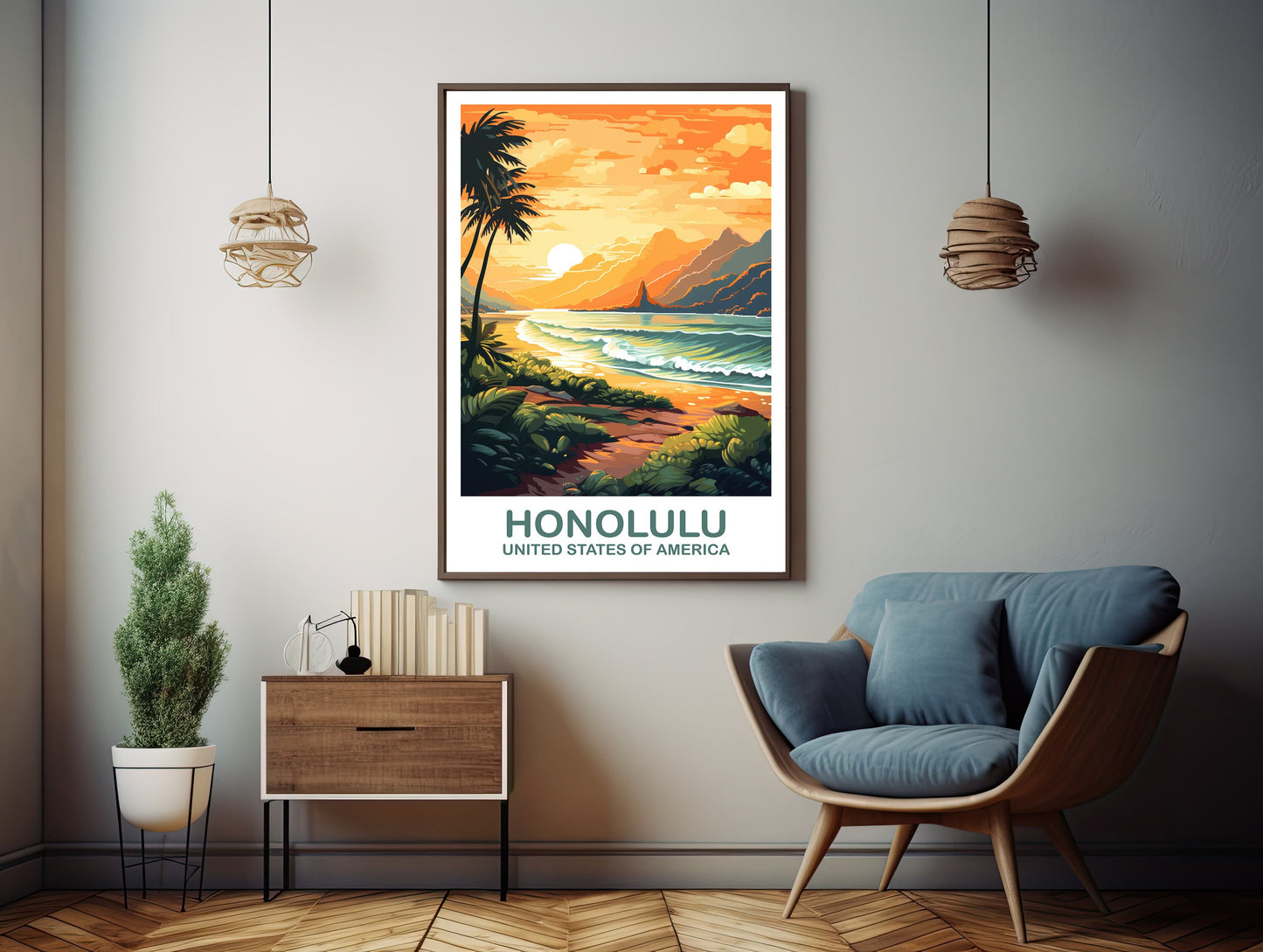Honolulu Travel Wall Art, Hawaii Travel Wall Art, Honolulu Wall Art Poster, City Skyline Wall Art, USA Travel Wall Art | T2NA_HAHO2