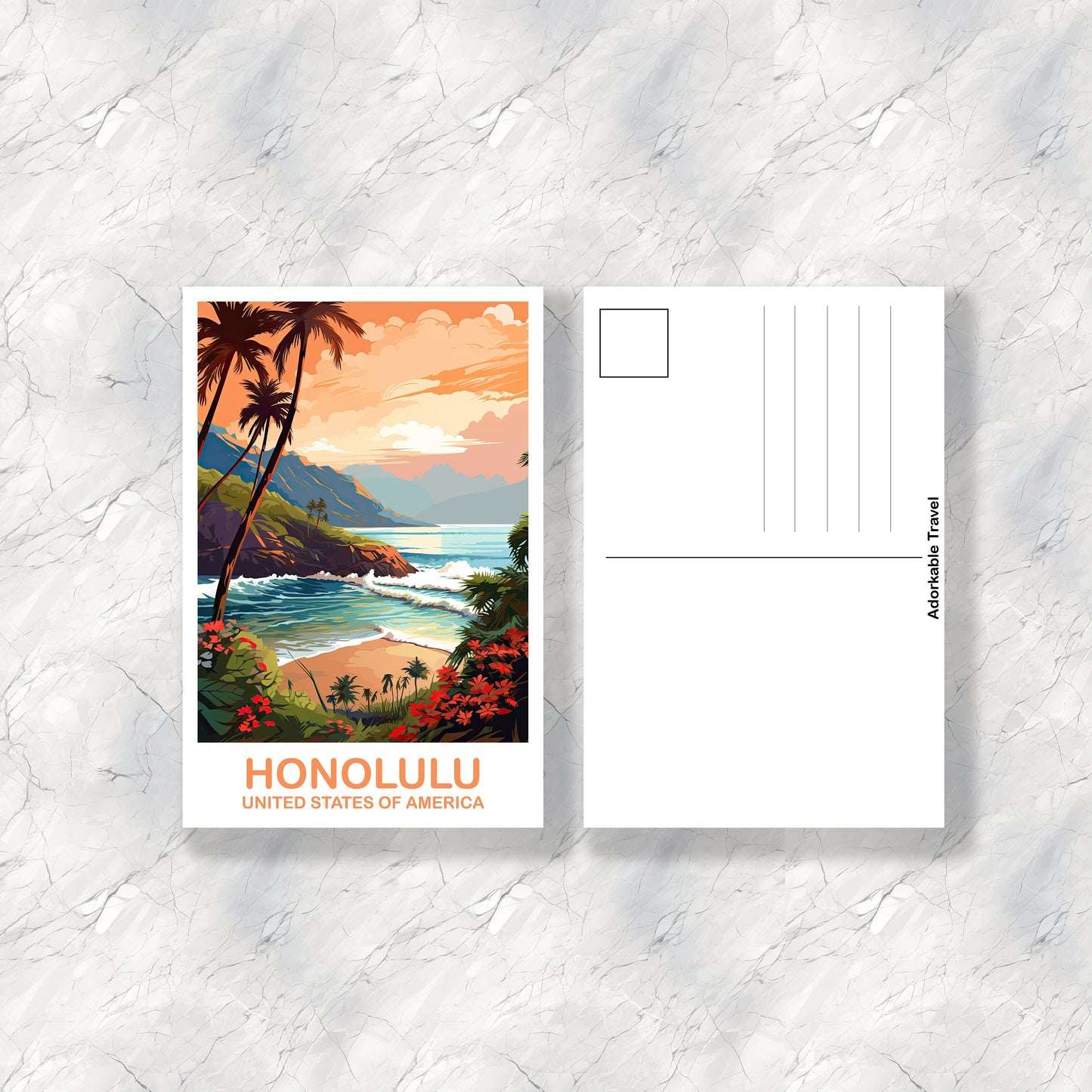 Honolulu Travel Postcard Art, Hawaii Travel Postcard Art, Honolulu Wall Art Postcard, City Skyline Art, USA Travel Postcard | T2NA_HAHO1_P