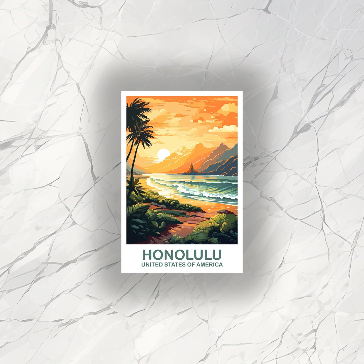 Honolulu Travel Sticker Art, Hawaii Travel Sticker Art, Honolulu Art Sticker, City Skyline Art, USA Travel Sticker | T2NA_HAHO2_S