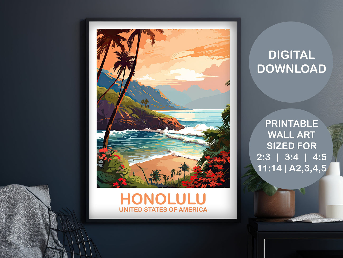 Digital Honolulu Travel Art, Hawaii Travel Wall Art, Printable Honolulu Wall Art, City Skyline Wall Art, USA Travel Wall Art | DT2NA_HAHO1
