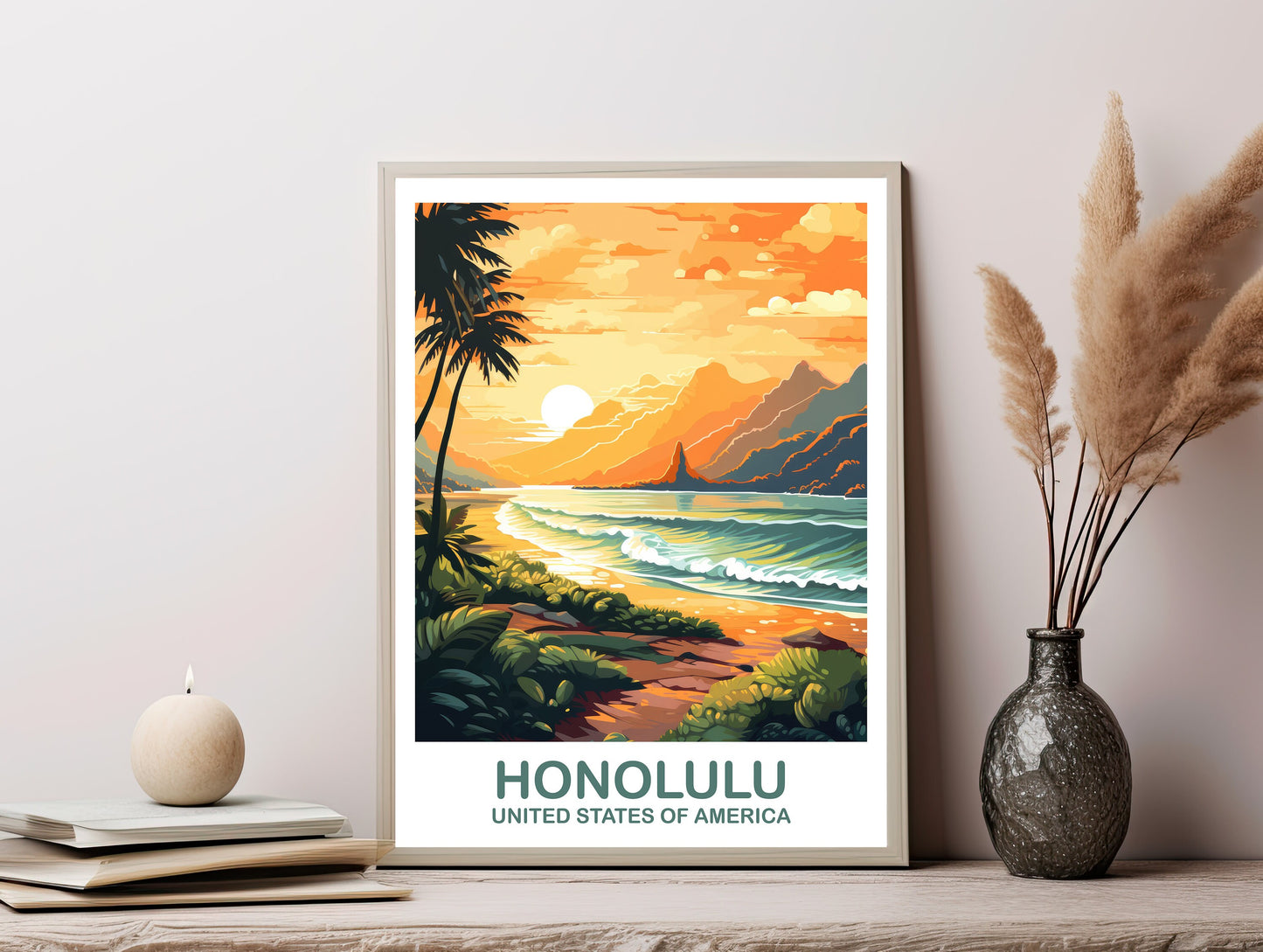 Digital Honolulu Travel Art, Hawaii Travel Wall Art, Printable Honolulu Wall Art, City Skyline Wall Art, USA Travel Wall Art | DT2NA_HAHO2