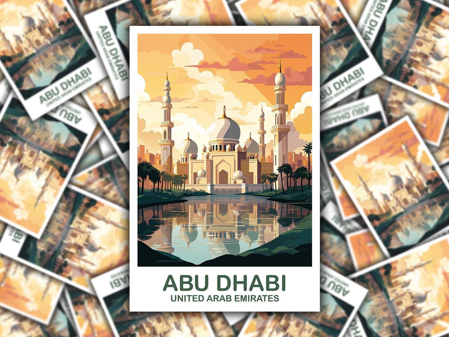 Abu Dhabi Travel Art Sticker, Abu Dubai Art Sticker, City Skyline Sticker Art, Vibrant Sunset, Travel Art Sticker | T2AS_UAEAD1_S