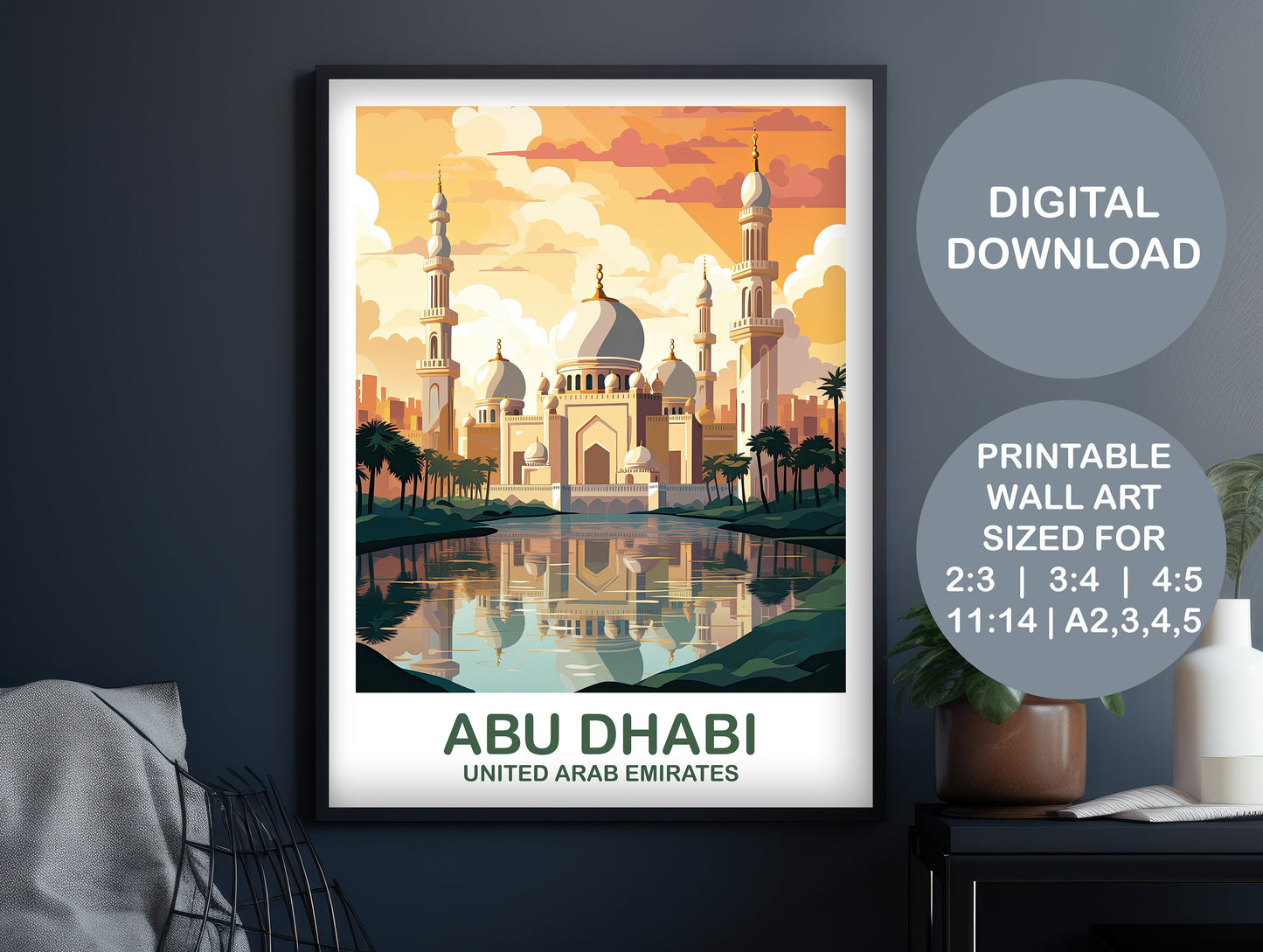 Abu Dhabi Travel Wall Art, Digital Abu Dubai Travel Art, Art, City Skyline Wall Art, Vibrant Sunset, Digital Travel Wall Art | DT2AS_UAEAD1