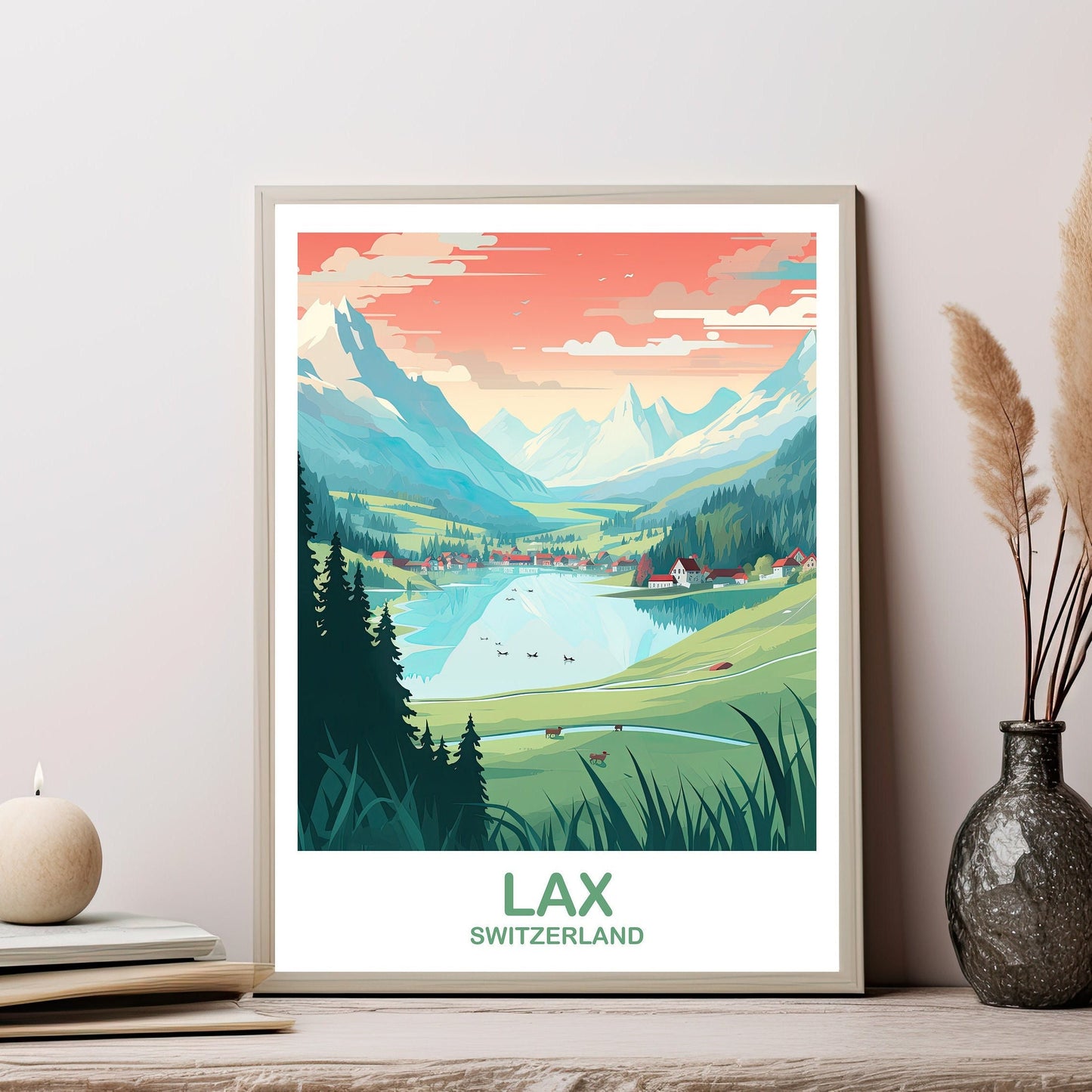 LAX Travel Wall Art, LAX Switzerland Wall Art, Switzerland Wall Art Poster, City Skyline Sunset Wall Art | T2EU_SWLA2