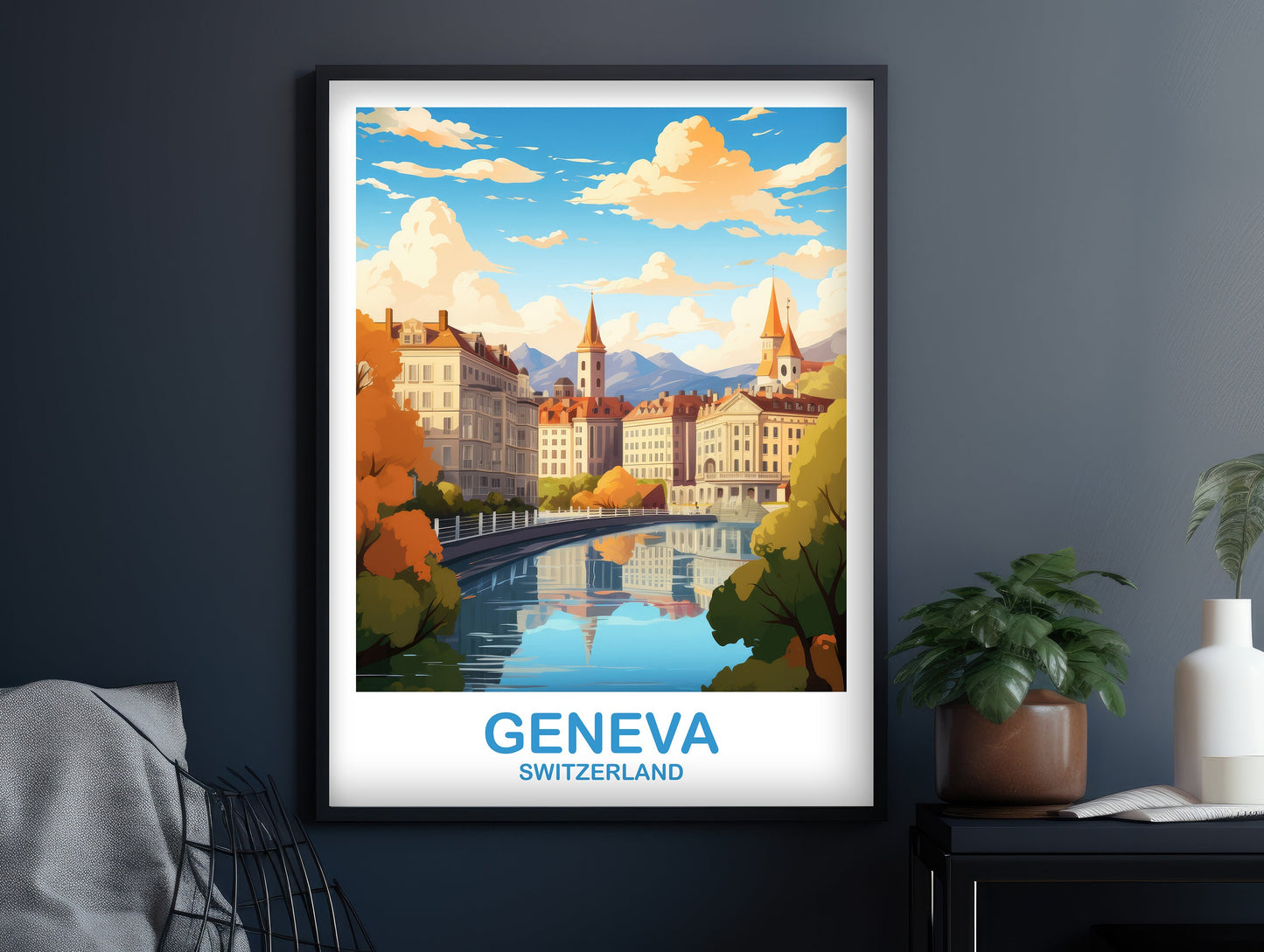 Geneva Travel Wall Art, Geneva Switzerland Wall Art, Switzerland Wall Art Poster, City Skyline Sunset Wall Art | T2EU_SWGE1