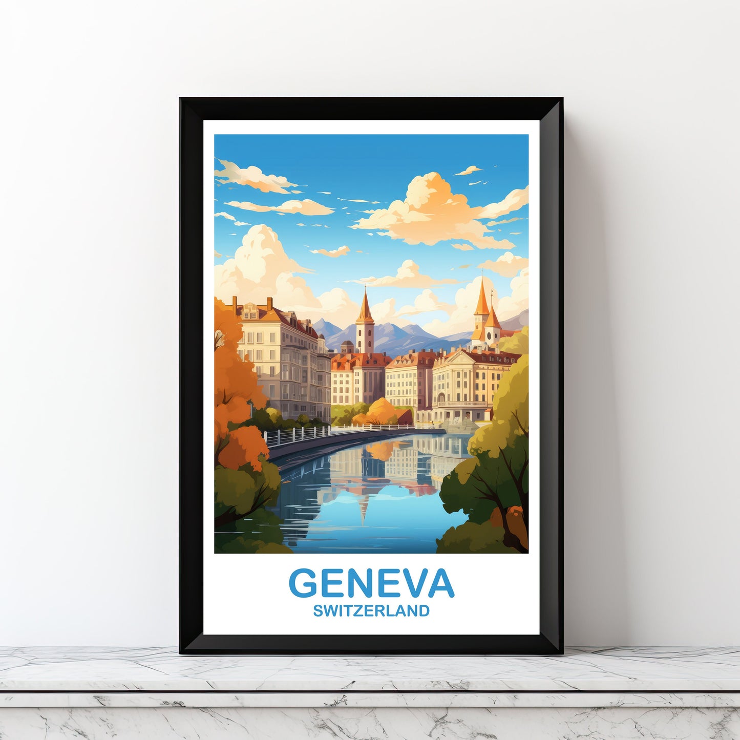 Geneva Travel Wall Art, Geneva Switzerland Wall Art, Switzerland Wall Art Poster, City Skyline Sunset Wall Art | T2EU_SWGE1