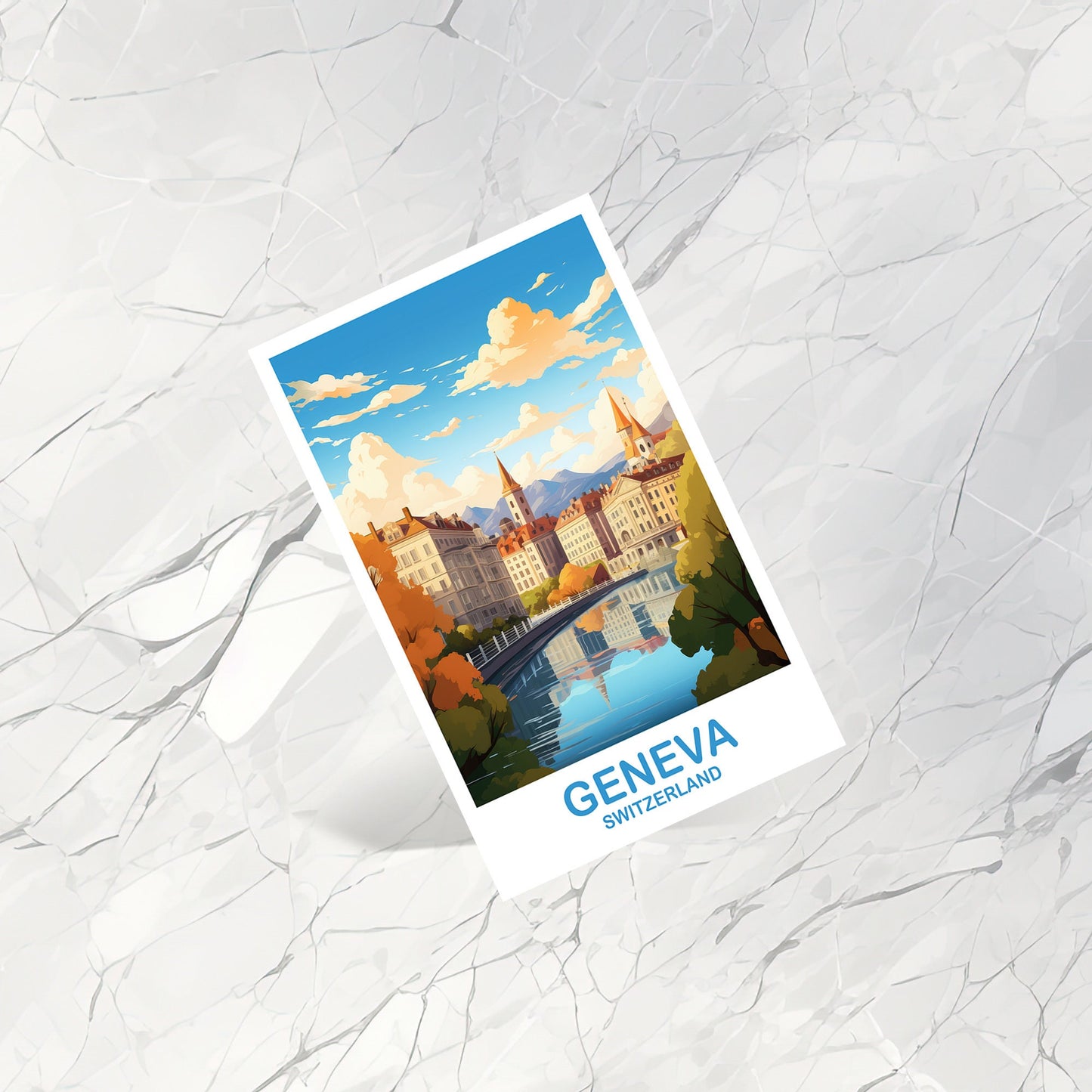 Geneva Travel Postcard Art, Geneva Switzerland Postcard Art, Switzerland Art Postcard, City Skyline Sunset Art | T2EU_SWGE1_P