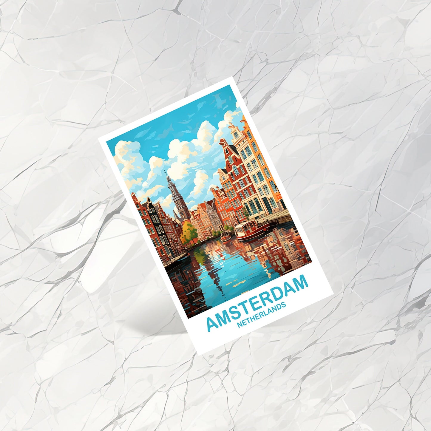 Amsterdam Travel Postcard Art, Netherlands Postcard Art, Amsterdam Art Postcard, City Skyline Sunset Art | T2EU_NEAM1_P