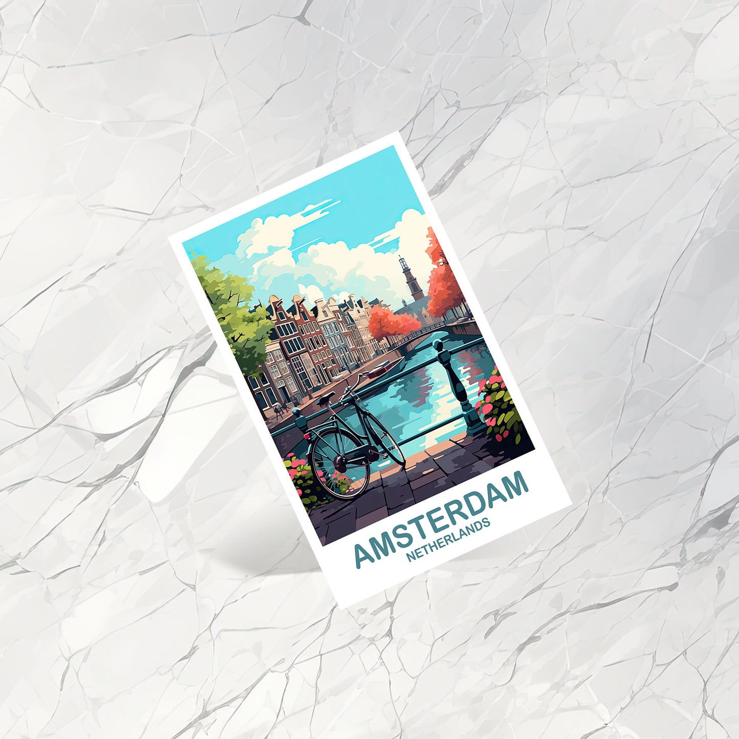 Amsterdam Travel Postcard Art, Netherlands Postcard Art, Amsterdam Art Postcard, City Skyline Sunset Art | T2EU_NEAM2_P