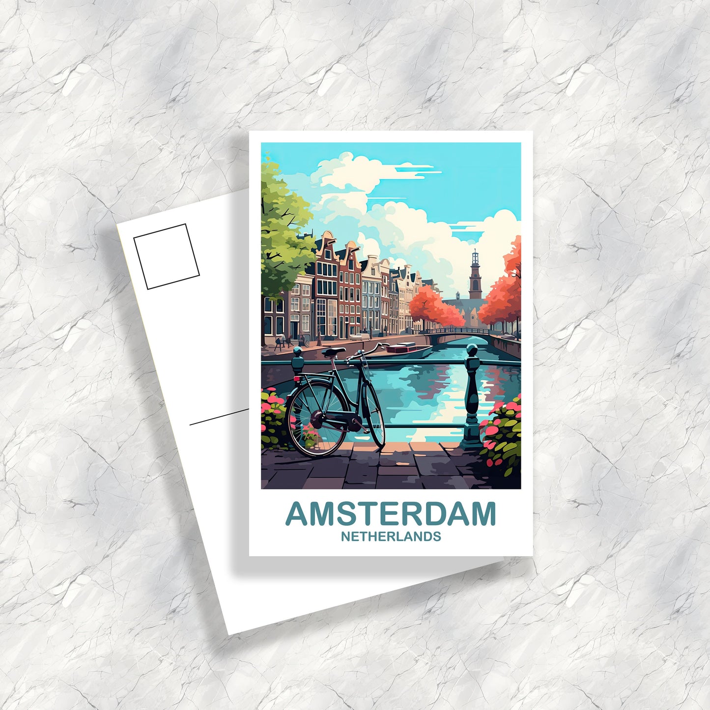 Amsterdam Travel Postcard Art, Netherlands Postcard Art, Amsterdam Art Postcard, City Skyline Sunset Art | T2EU_NEAM2_P