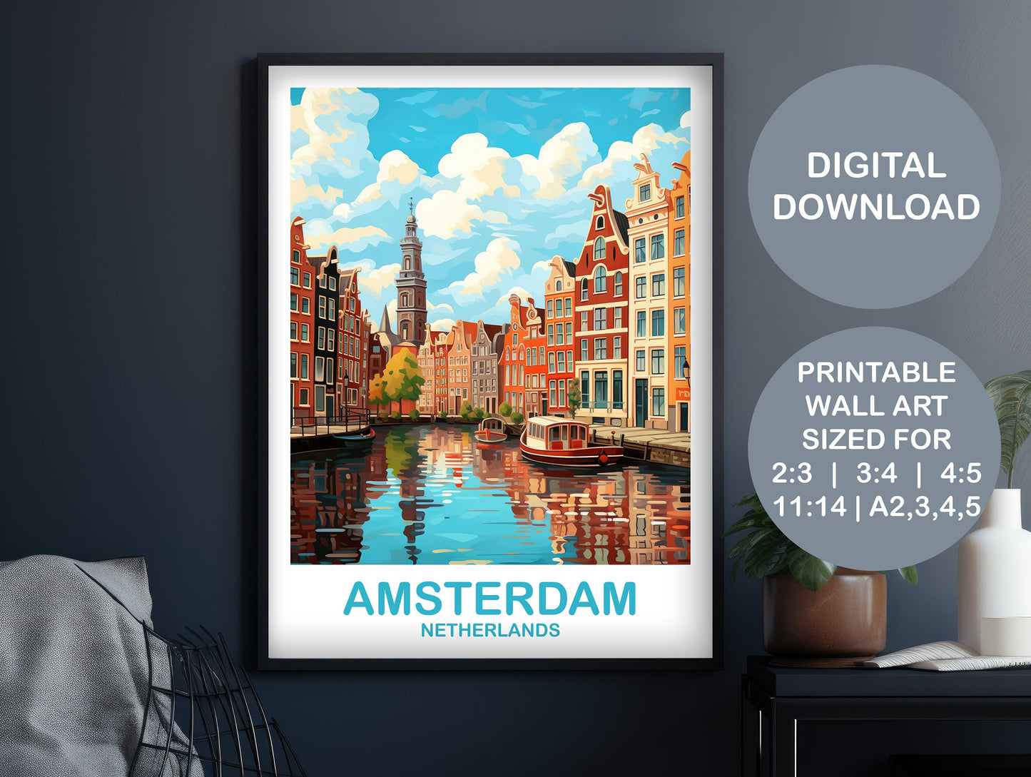 Amsterdam Travel Wall Art, Digital Netherlands Wall Art, Printable Amsterdam Wall Art Poster, City Skyline Sunset Wall Art | DT2EU_NEAM1