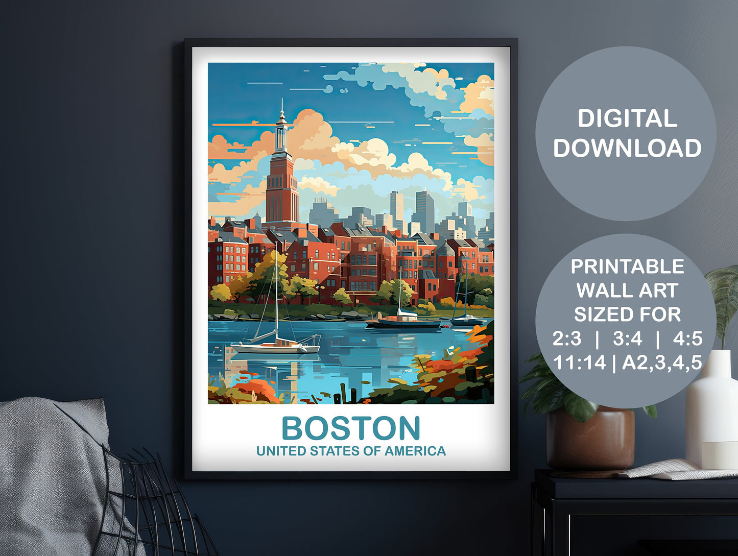Boston Massachusetts Travel Print, Printable Boston Wall Art Poster, City, Digital Boston Travel Art, Boston Travel Poster | DT2NA_MABO1