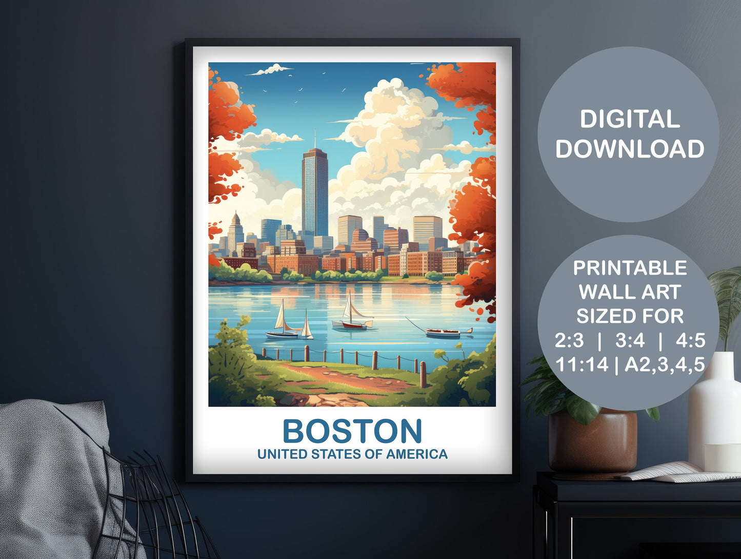 Boston Massachusetts Travel Print, Printable Boston Wall Art Poster, City, Digital Boston Travel Art, Boston Travel Poster | DT2NA_MABO2