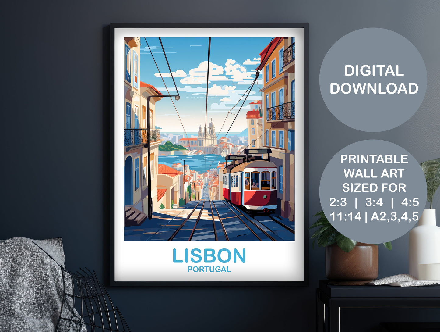 Lisbon Travel Wall Art, Digital Portugal Travel Art, Lisbon Wall Art, Printable Europe Travel Art, City Skyline Sunset Art | DT2EU_POLI3