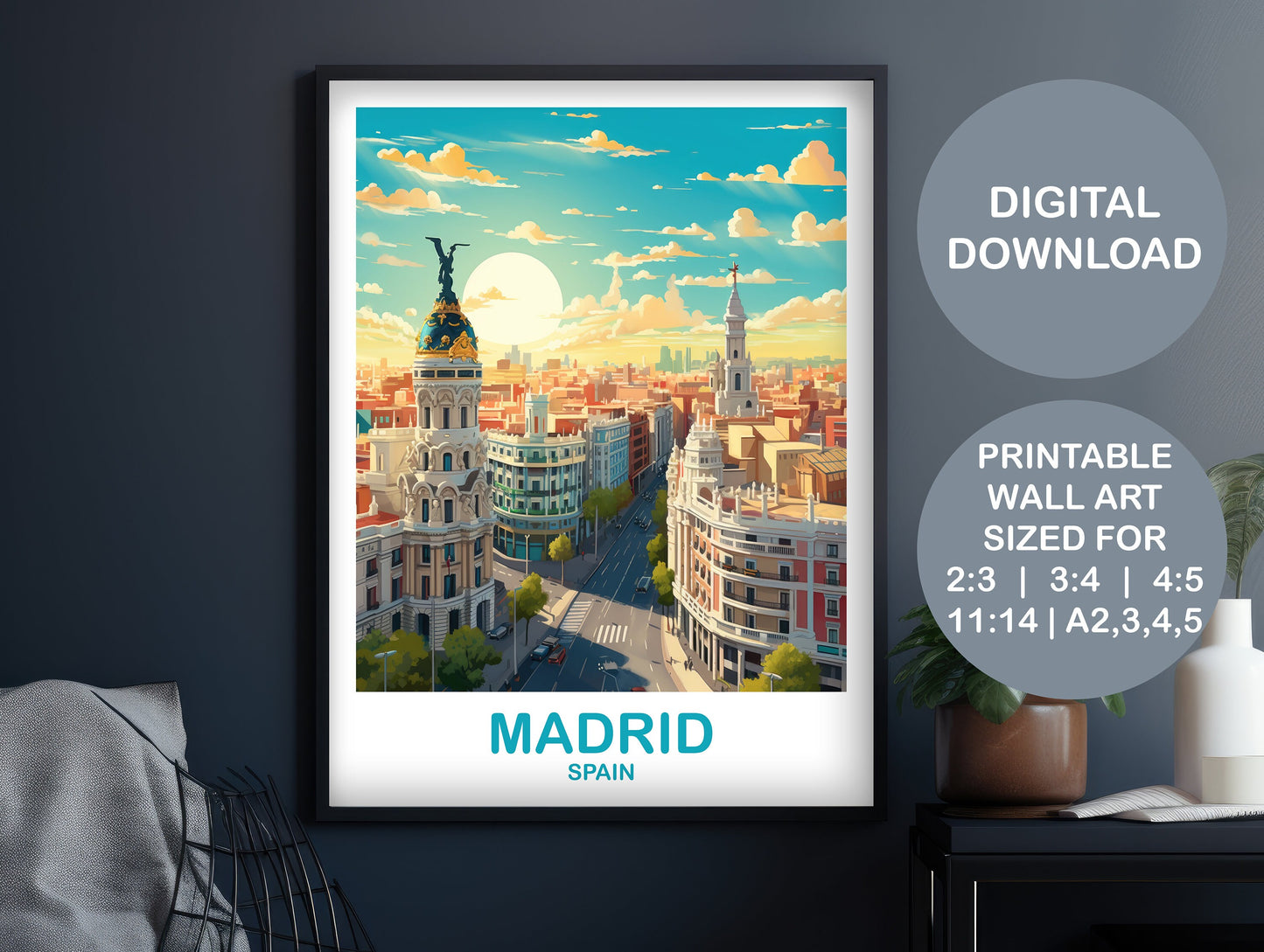 Madrid Travel Wall Art, Spain Travel Art, Digital Madrid Wall Art, Printable Spain Travel Art, City Skyline Sunset Wall Art | DTD2EU_SPMA1