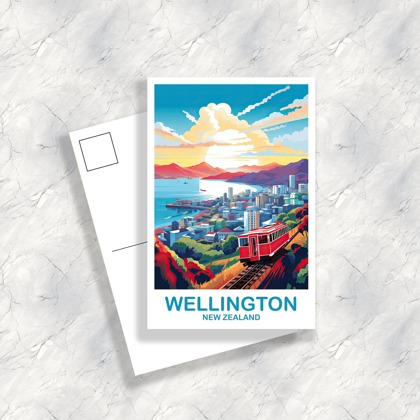 Wellington Travel Postcard Art, New Zealand Travel Art, Wellington Art Postcard, City Skyline Wall Art, New Zealand Postcard | T2AU_NZWE1_P