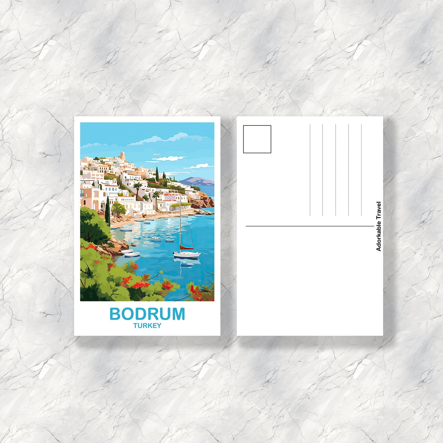 Bodrum Travel Postcard Art, Bodrum Turkey Postcard Art, Turkey Art Postcard, City Skyline, Turkey Travel Postcard Art | T2EU_TUBO1_P