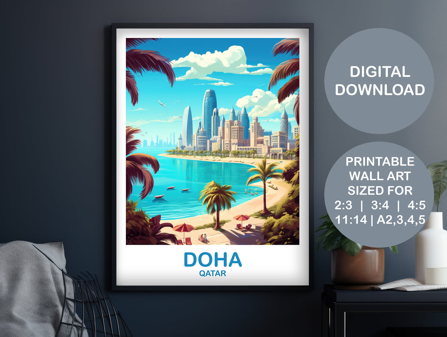 Doha Travel Wall Art, Doha Skyline, Printable Qatar Travel Art, City Skyline Wall Art, Digital Travel Art, Asia Travel Art | DT2AS_QADO1