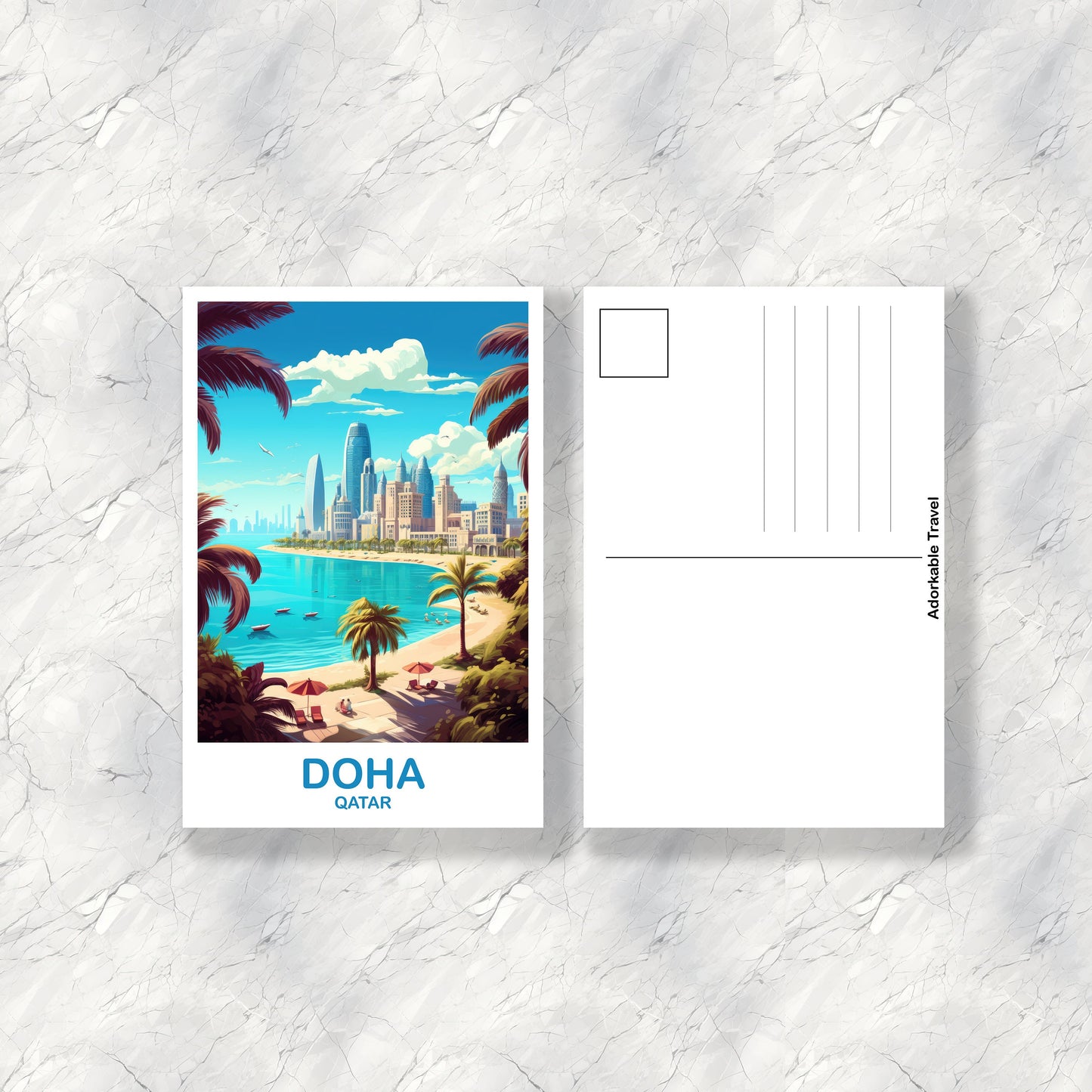 Doha Travel Postcard Art, Doha Skyline, Doha Qatar Art Postcard, City Skyline Art, Travel Postcard Art, Asia Travel Art | T2AS_QADO1_P