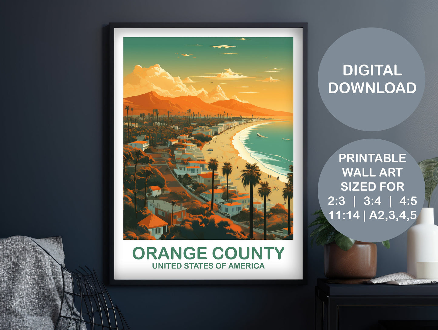 Orange Country Travel Print, Printable California Travel Wall Art, Los Angeles Art, City Skyline Wall Art, California Wall Art | DT2NA_CAOC1