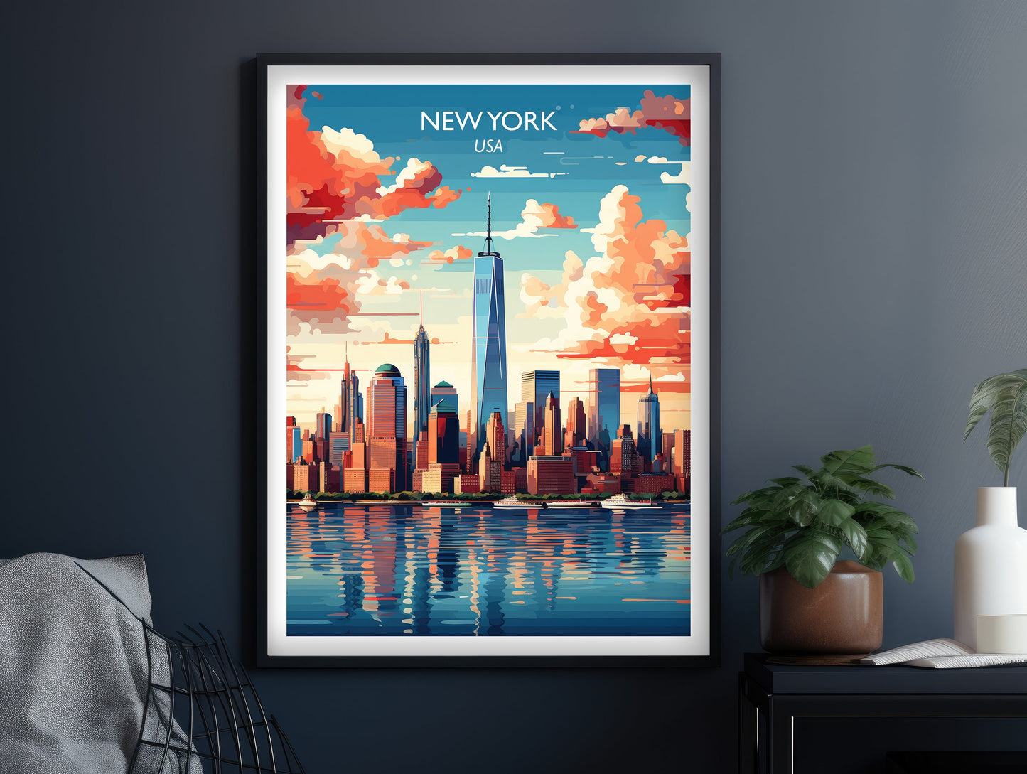 New York Travel Print, Manhattan Skyline, New York Wall Art, Big Apple Poster, City Skyline Sunset Wall New York Skyline | T1NA_NYNY1