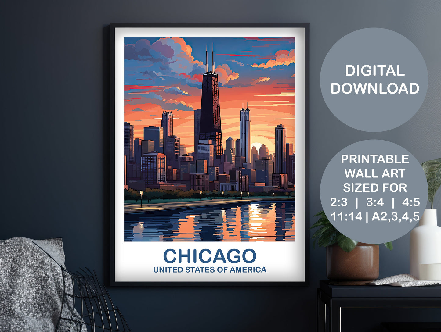 Chicago Travel Wall Art, Illinois Travel Wall Art, City Skyline Wall Art, Printable Travel Wall Art, Digital Travel Art | DT2NA_ILCH2