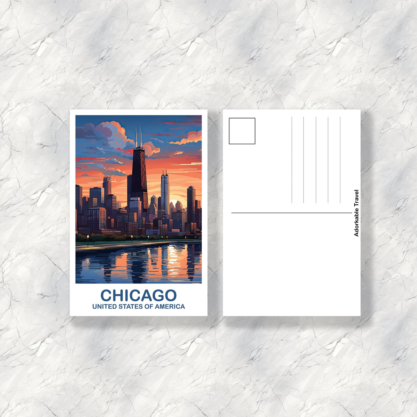 Chicago Travel Postcard Art, Illinois Travel Postcard, City Skyline Postcard, USA Travel Postcard, Travel Postcard | T2NA_ILCH2_P