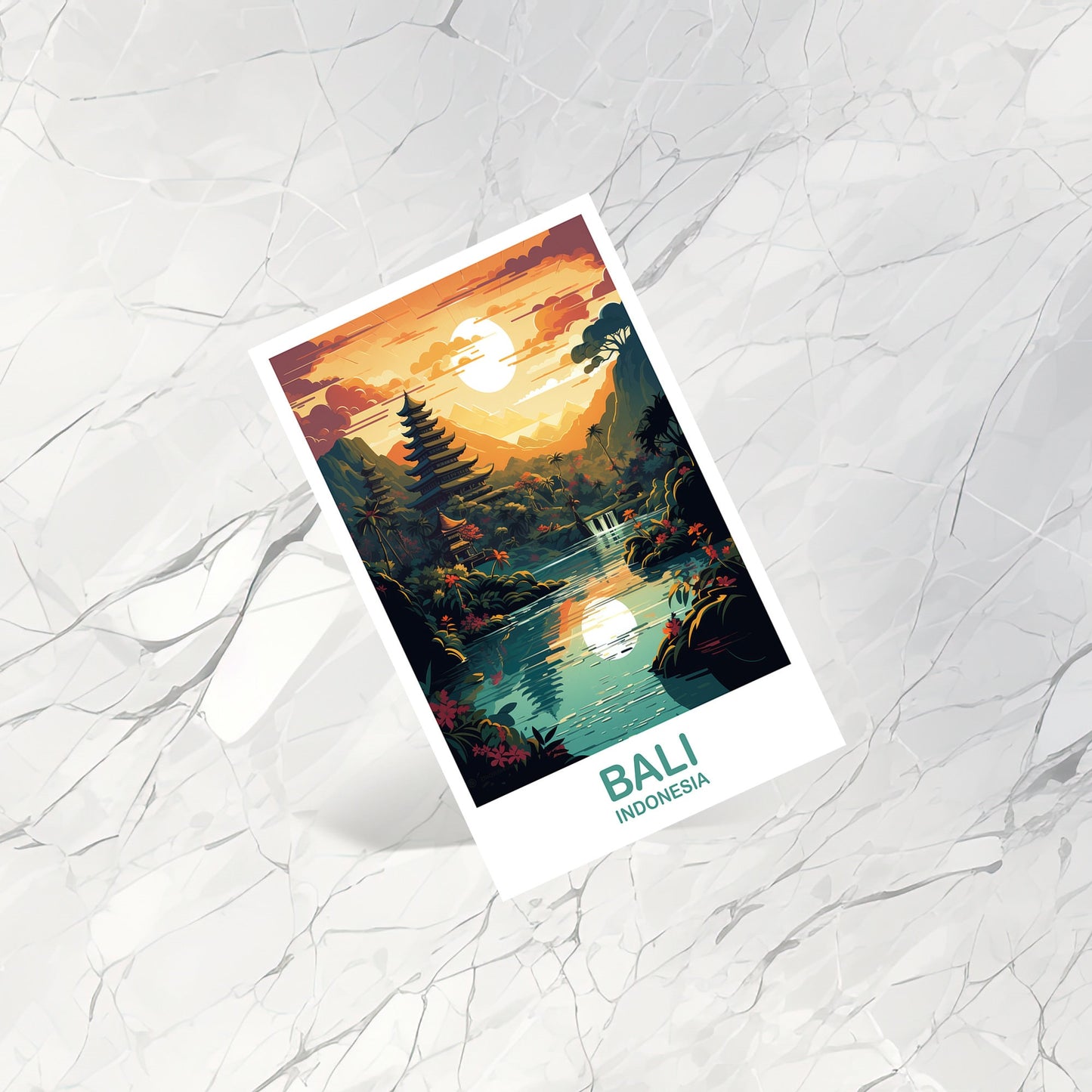 Bali Travel Postcard Art, Bali Skyline, Bali Indonesia Postcard, City Skyline Postcard Art, Vibrant Sunset, Travel Postcard | T2AS_INDBA1_P