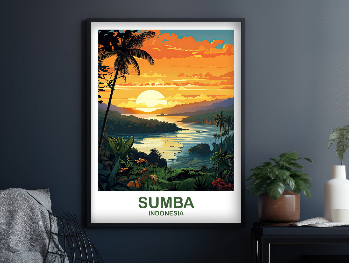 Sumba Travel Wall Art, Sumba Skyline, Bali Indonesia Wall Art Poster, City Skyline Wall Art, Vibrant Sunset, Travel Wall Art | T2AS_INDSU1