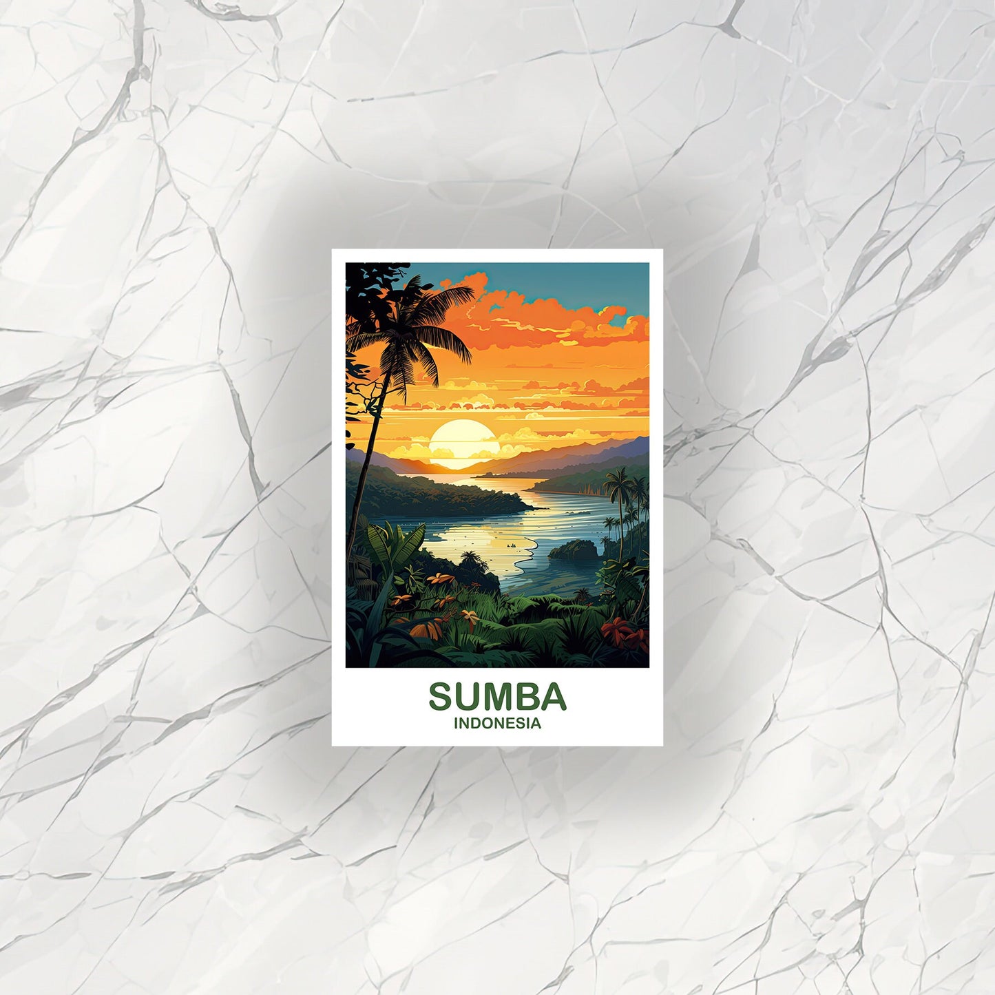 Sumba Travel Sticker Art, Sumba Skyline, Bali Indonesia Sticker, City Art, Vibrant Sunset, Suitcase Sticker, Travel Sticker | T2AS_INDSU1_S