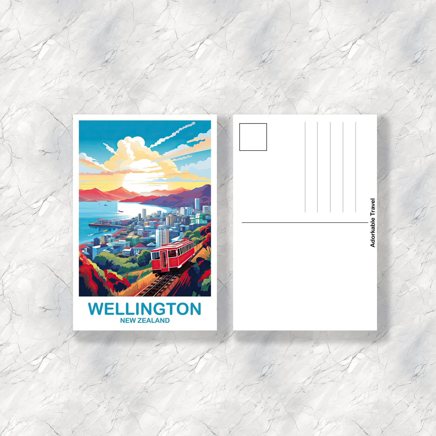Wellington Travel Postcard Art, New Zealand Travel Art, Wellington Art Postcard, City Skyline Wall Art, New Zealand Postcard | T2AU_NZWE1_P
