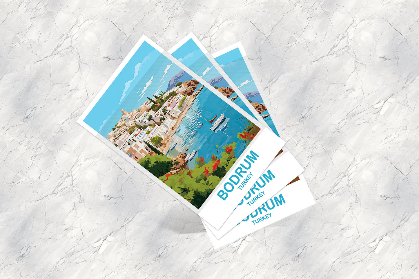 Bodrum Travel Postcard Art, Bodrum Turkey Postcard Art, Turkey Art Postcard, City Skyline, Turkey Travel Postcard Art | T2EU_TUBO1_P