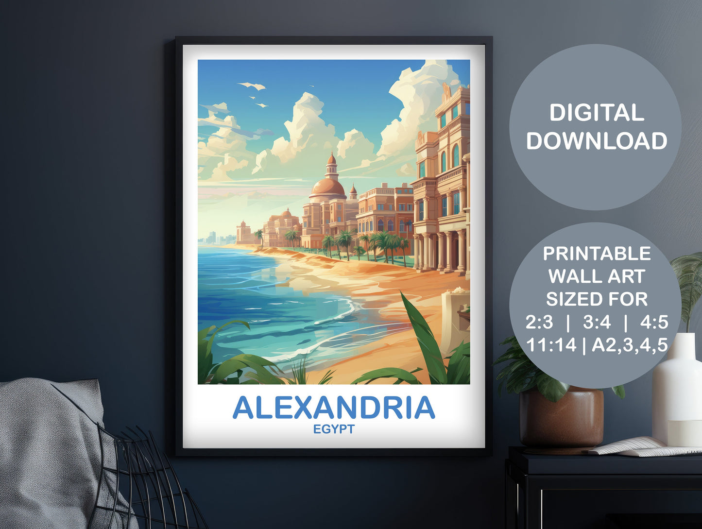 Alexandria Travel Wall Art, Egypt Skyline, Digital Alexandria Egypt Wall Art, Alexandria Travel, Africa Travel Art, Travel Art | DT2AF_EGAL1