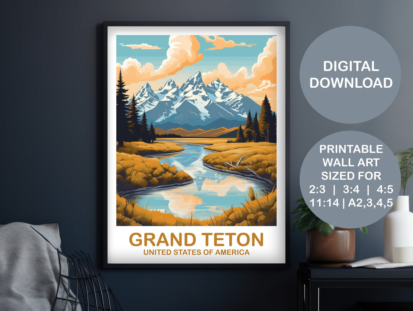 Grand Teton National Park Travel Print, Travel Wall Art, National Park Wall Art, Printable Grand Teton National Park Art | DT2NA_WYGT1