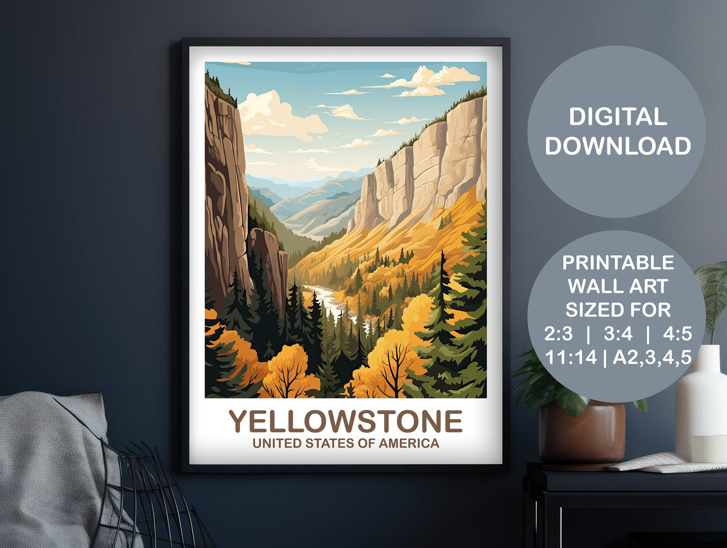 Yellowstone National Park Travel Print, Travel Wall Art, National Park Wall Art, Printable Yellowstone National Park Art | DT2NA_WYYNP1