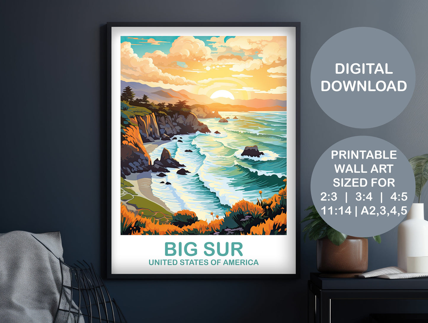 Big Sur Travel Print, California Travel Wall Art, Digital Big Sur Wall Art, City Skyline Wall Art, Travel Art, California Art | DT2NA_CABS1