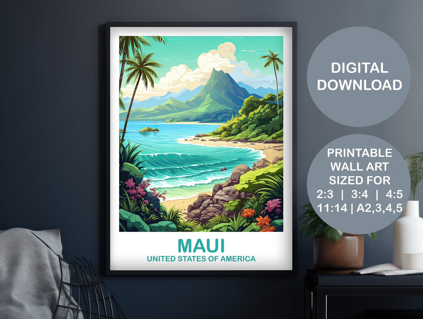 Maui Travel Wall Art, Maui Travel Wall Art, Digital Maui Travel Art, USA Travel Wall Art, Printable Hawaii Travel Art | DT2NA_HAMA1