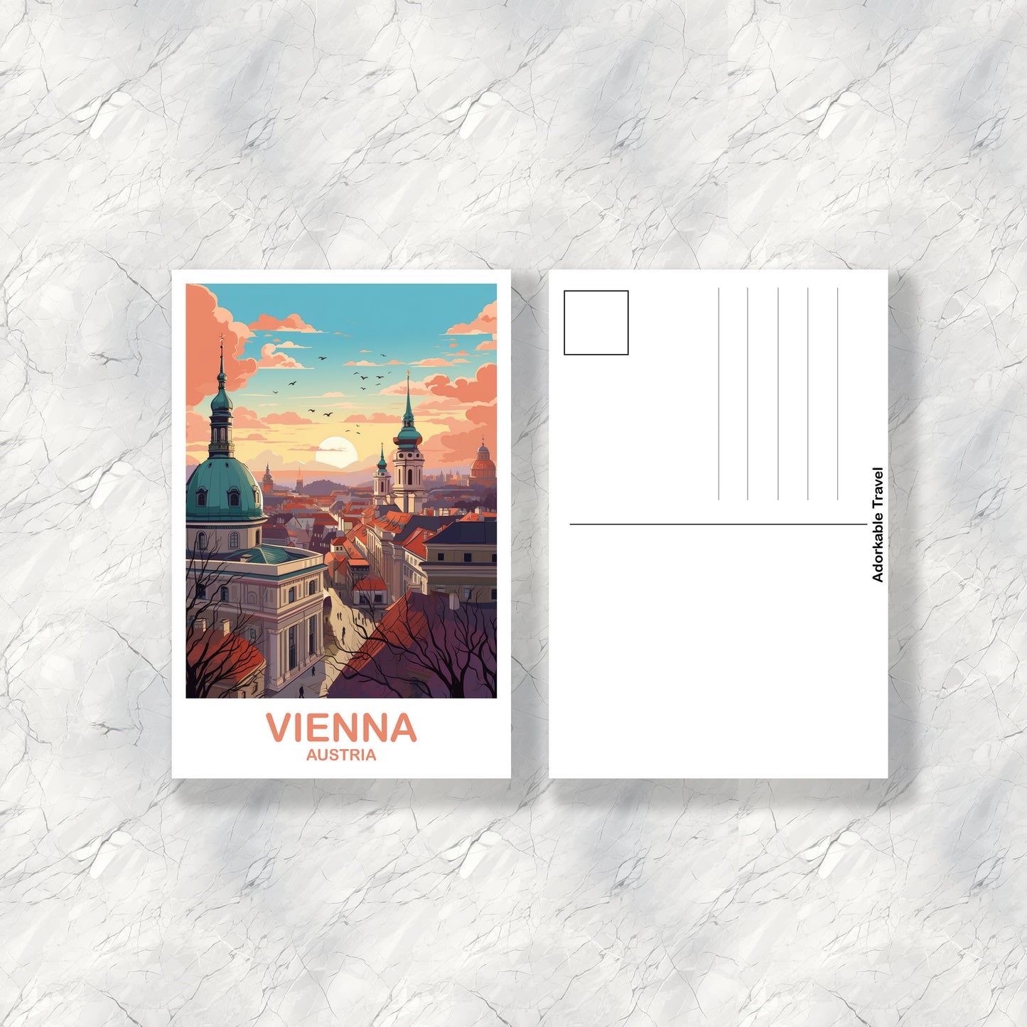 Vienna Travel Postcard Art, Austria Travel Art, Vienna Postcard, Austria Travel Postcard, City Skyline Sunset Postcard | T2EU_AUVI1_P