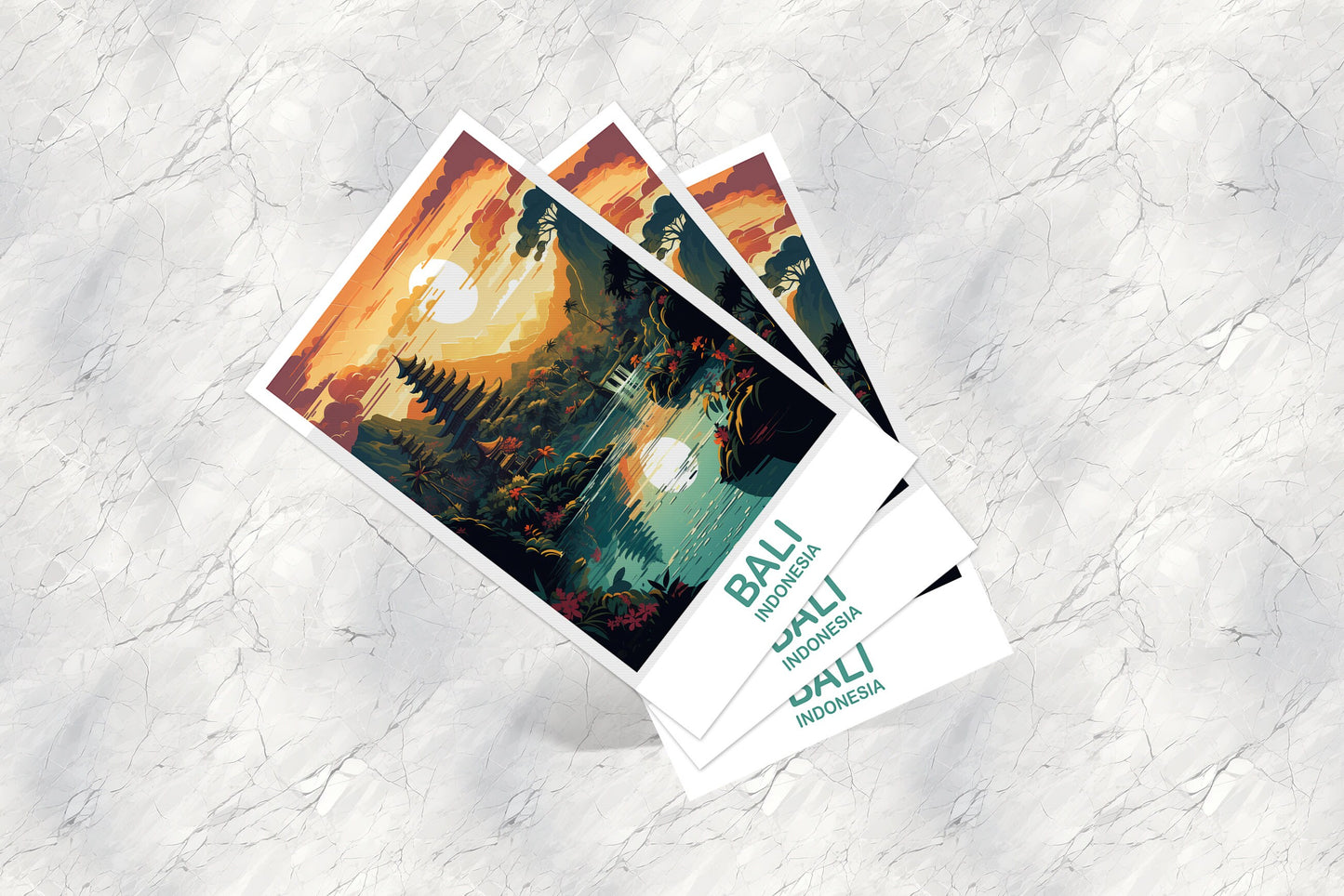 Bali Travel Postcard Art, Bali Skyline, Bali Indonesia Postcard, City Skyline Postcard Art, Vibrant Sunset, Travel Postcard | T2AS_INDBA1_P
