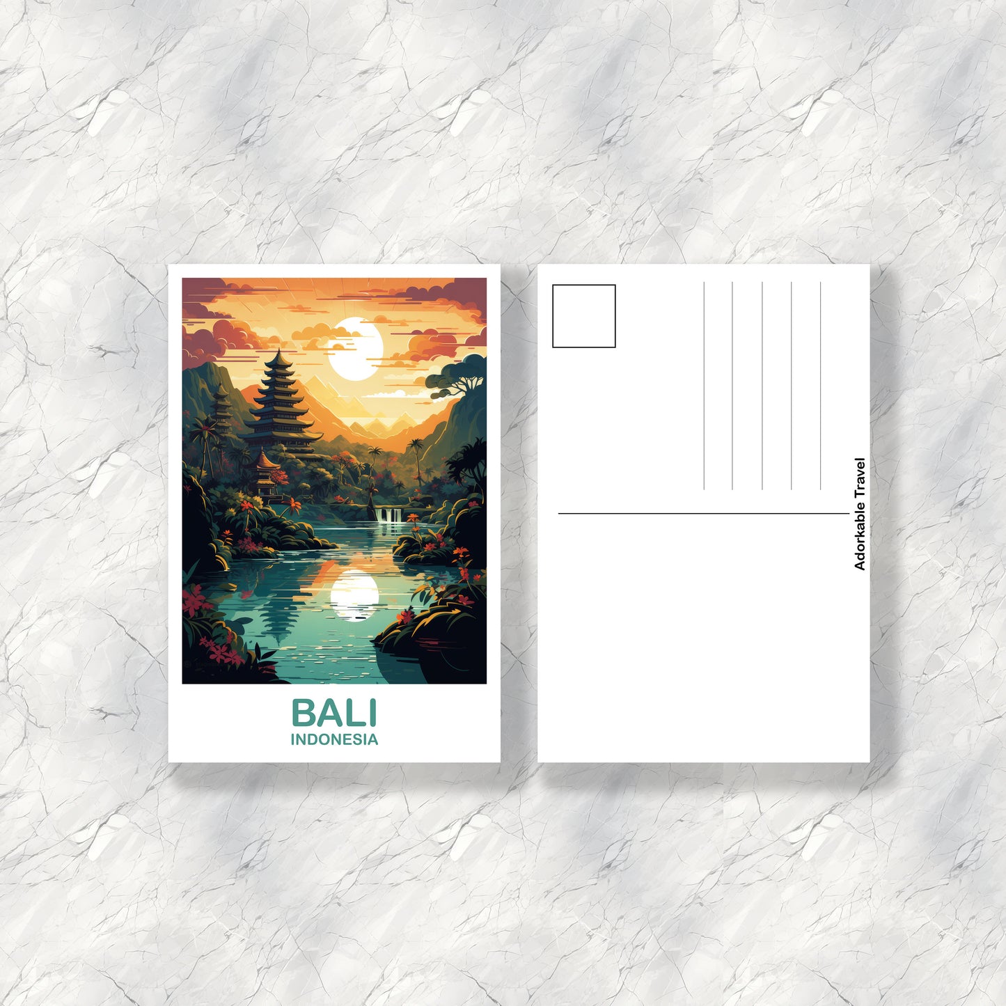 Bali Travel Postcard Art, Bali Skyline, Bali Indonesia Postcard, City Skyline Postcard Art, Vibrant Sunset, Travel Postcard | T2AS_INDBA1_P