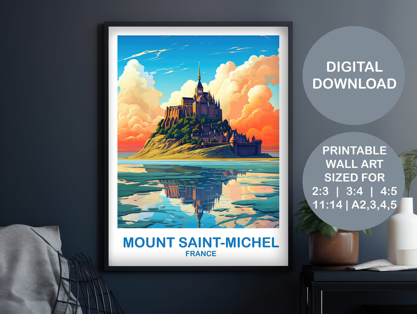 Mont Saint-Michel Travel Poster, Printable France Poster, Digital Mont Saint-Michel France Wall Art, Printable Travel Poster | DT2EU_FRMSM1