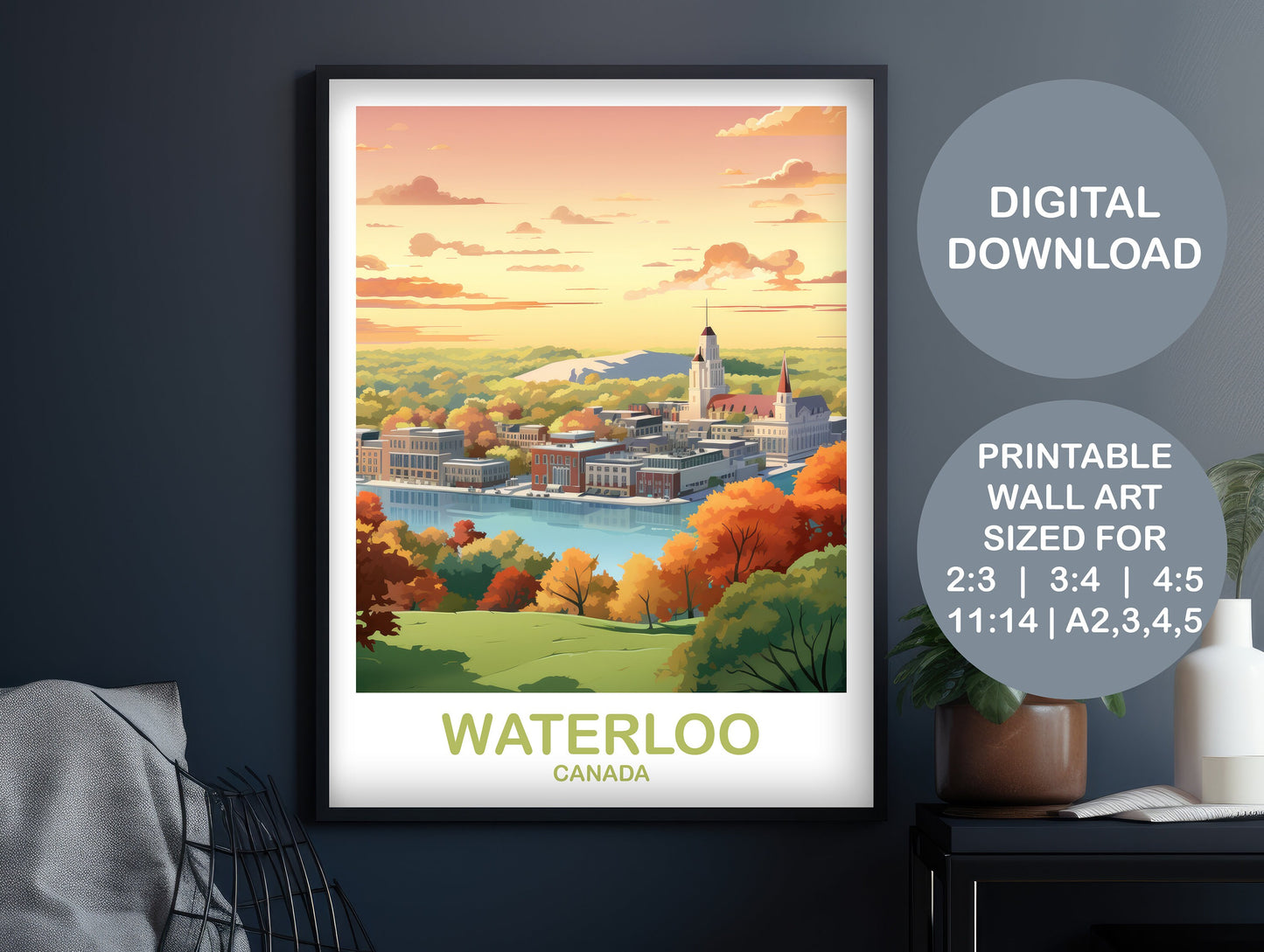 Waterloo Travel Wall Print, Ontario Travel Poster Art, Digital Waterloo Wall Art Poster, Skyline Wall Art, Travel Wall Art | DT2NA_ONWA1