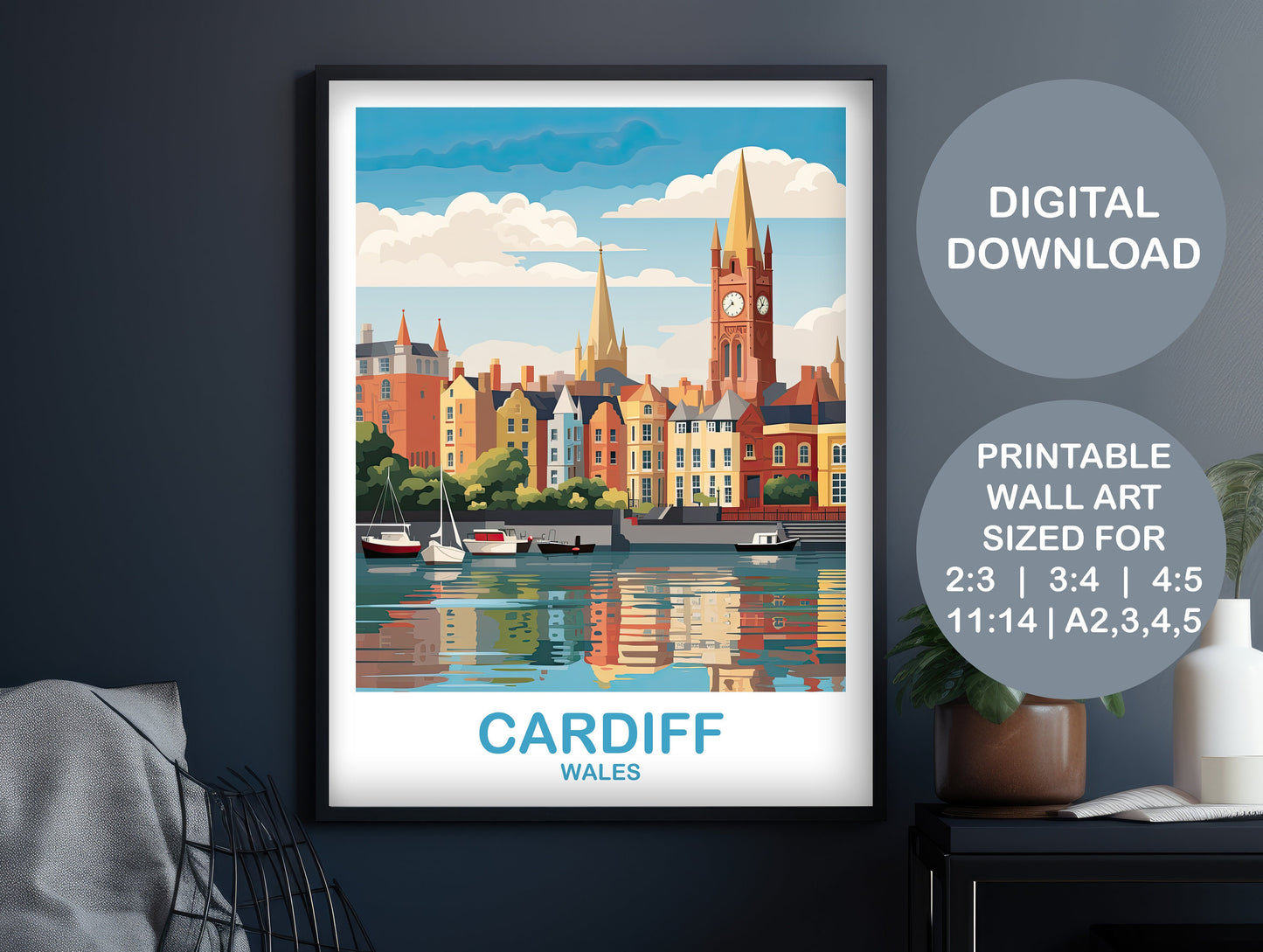 Cardiff Travel Art Poster, Wales Travel Art, Printable Cardiff Poster, Digital Cardiff Wales Travel Wall Art, Travel Art | DT2EU_WACA1
