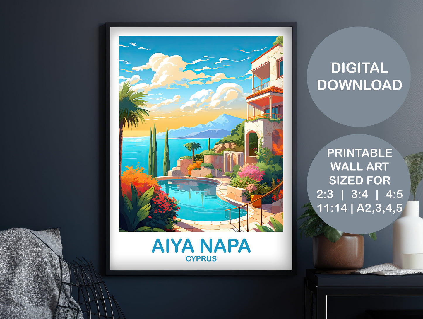 Aiya Napa Travel Art, Printable Cyprus Wall Art, Digital Aiya Napa Cyprus Wall Art, Aiya Napa Print, Digital Travel Art | DT2EU_CYAN1