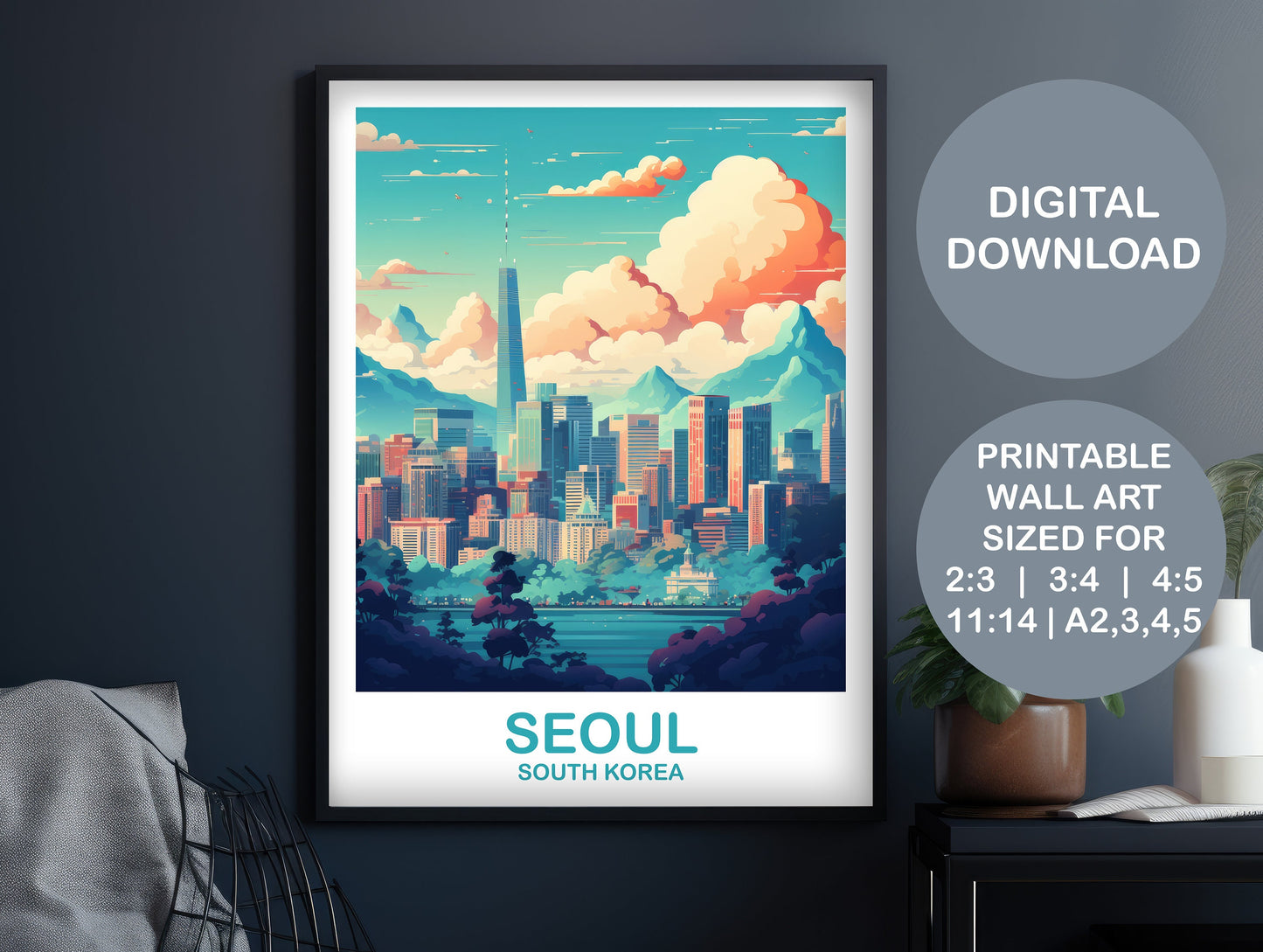 Seoul Korea Travel Poster, Seoul Skyline, Korea Wall Art Poster, Printable Seoul South Kprea Travel Poster, Travel Wall Art | DT2AS_SKSE1