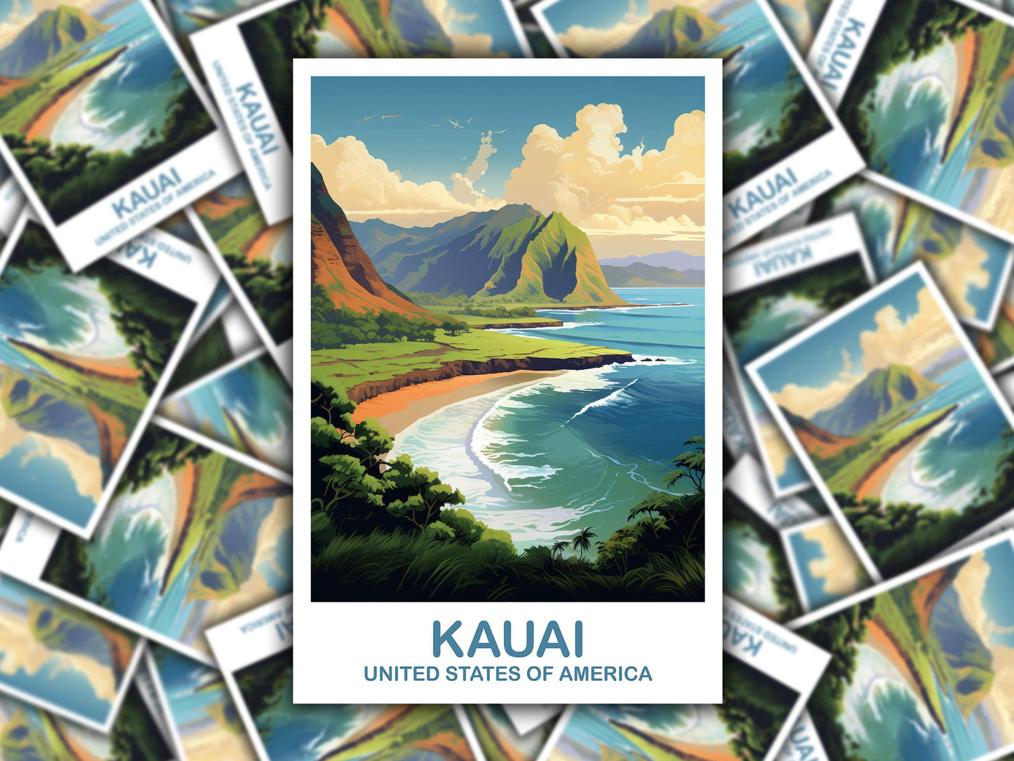 Kauai Travel Sticker Art, Hawaii Travel Sticker Art, Kauai Travel Art Sticker, City Skyline Art, USA Travel Sticker | T2NA_HAKA1__S
