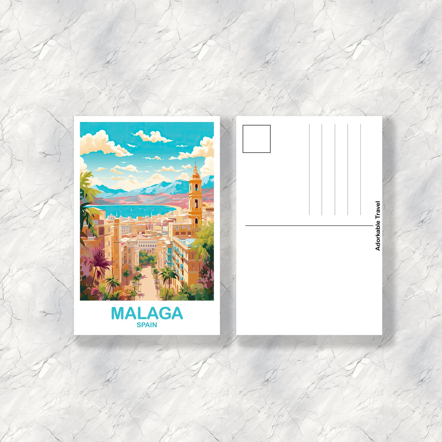 Malaga Spain Travel Postcard Art, Spain Travel Postcard, Malaga Art Postcard, Spain Travel Art Postcard | T2EU_SPMAL1_P